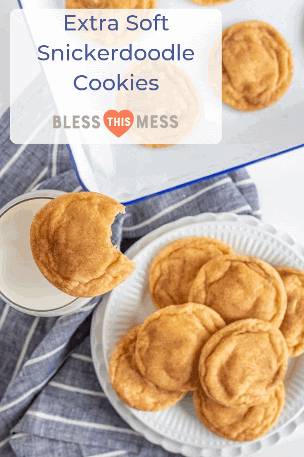 Pinterest Image for Extra Soft Snickerdoodle Cookies and a top-view of several snickerdoodle cookies on a white plate