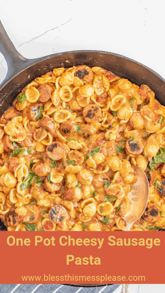One pot cheesy sausage pasta is a decadent and rich one-pot meal, full of melty cheese and bites of summer sausage, and perfect for an easy meal at home when you don't want a lot of cleanup!