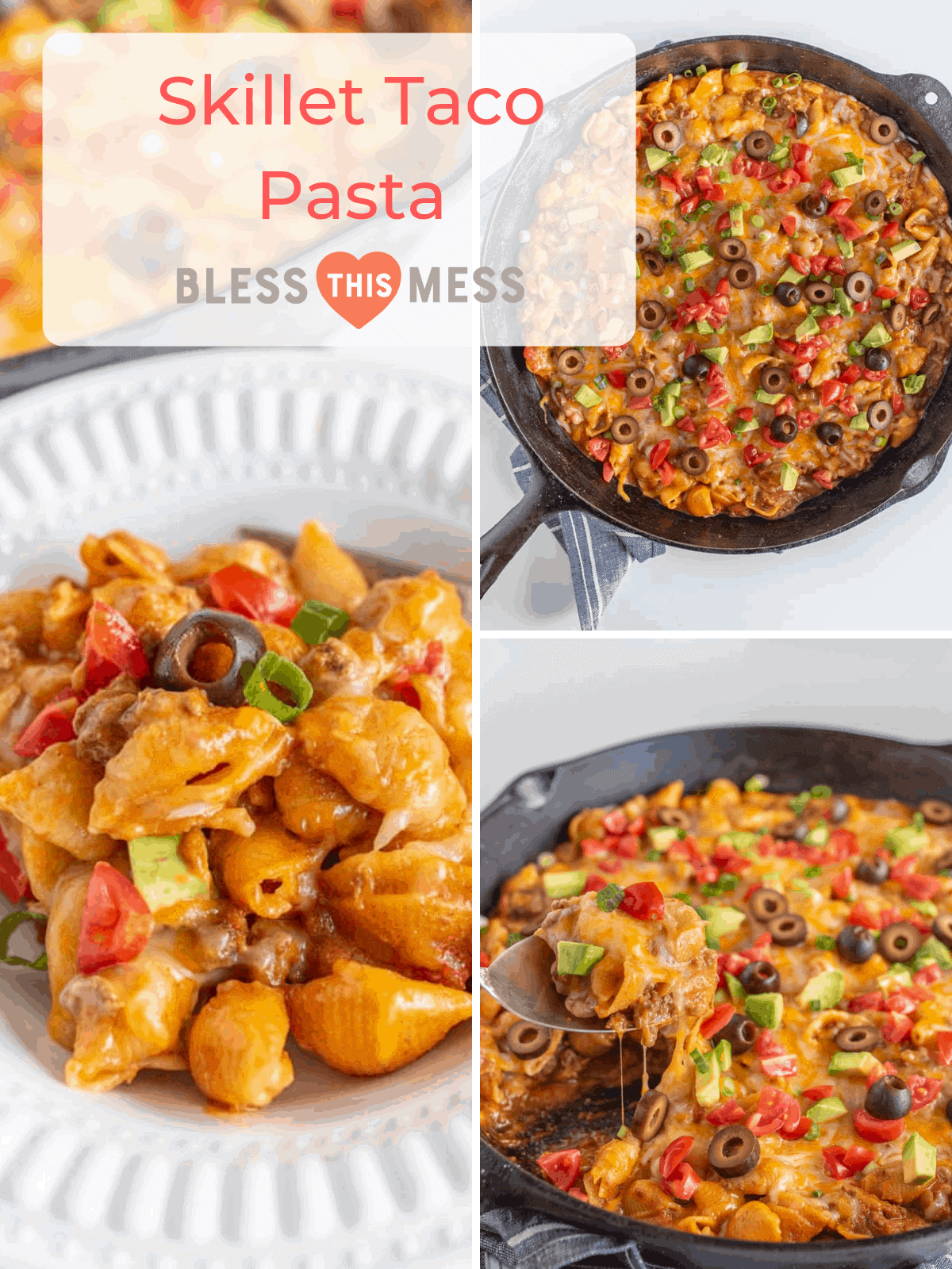 Cheesy, creamy, and packed with shell noodles, ground beef, lots of tomatoes, and all your favorite Tex-Mex toppings, one-pot Skillet Taco Pasta is as dreamy as it is filling and flavorful.