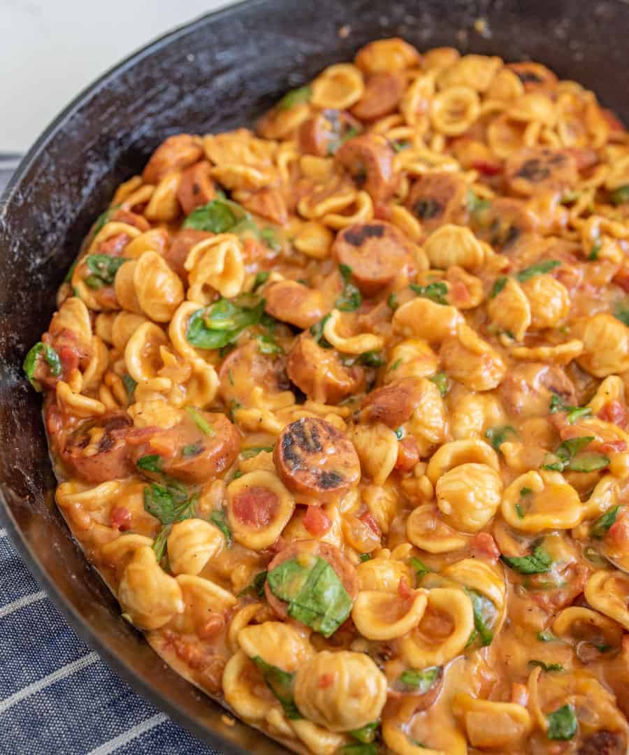 One pot cheesy sausage pasta is a decadent and rich one-pot meal, full of melty cheese and bites of summer sausage, and perfect for an easy meal at home when you don't want a lot of cleanup!