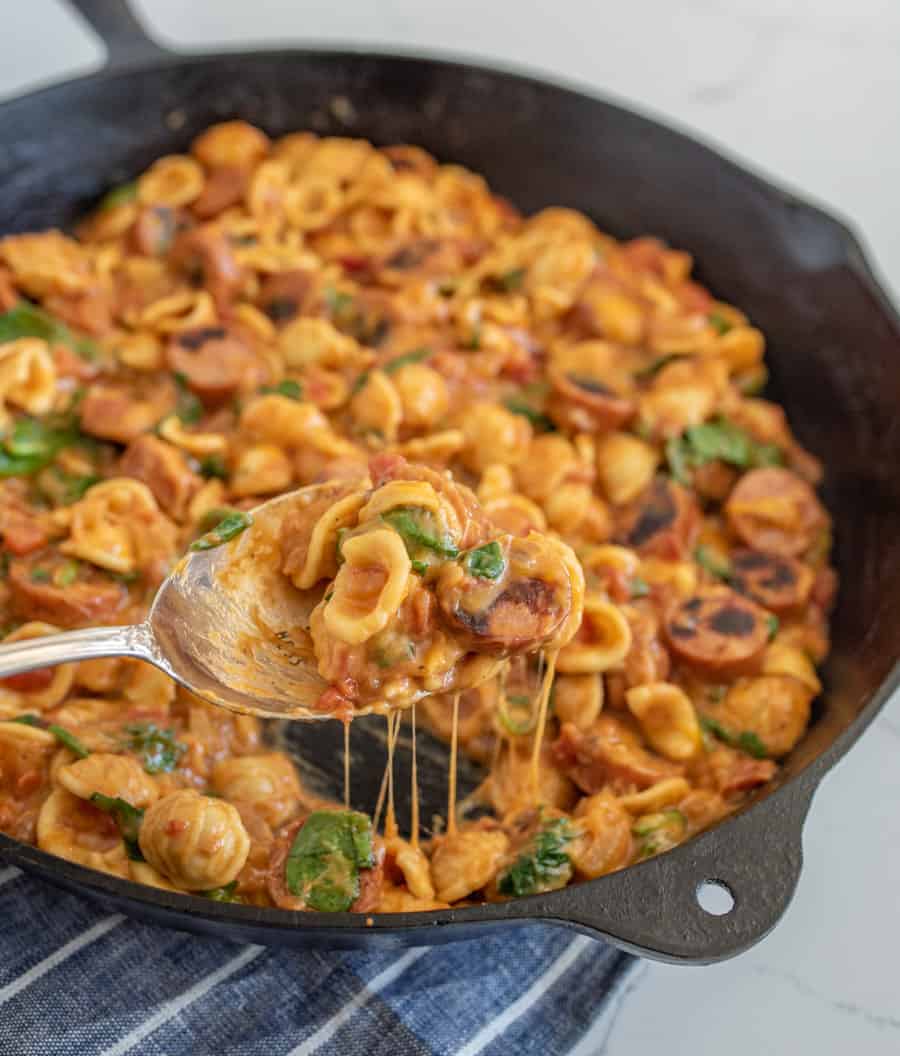 One pot cheesy sausage pasta is a decadent and rich one-pot meal, full of melty cheese and bites of summer sausage, and perfect for an easy meal at home when you don't want a lot of cleanup!