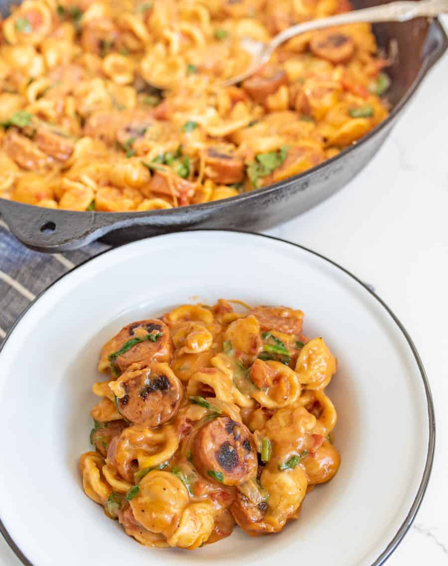 One pot cheesy sausage pasta is a decadent and rich one-pot meal, full of melty cheese and bites of summer sausage, and perfect for an easy meal at home when you don't want a lot of cleanup!