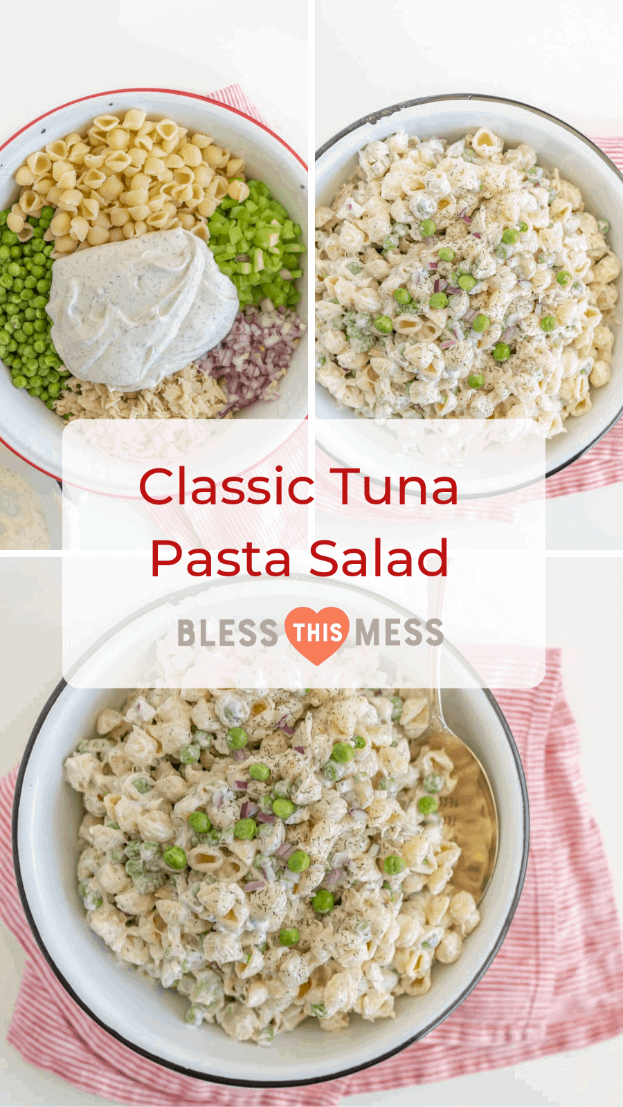 A light and refreshing Classic Tuna Pasta Salad comes together as the perfect summer side dish with white tuna, shell noodles, celery, peas, and a creamy dill sauce. 
