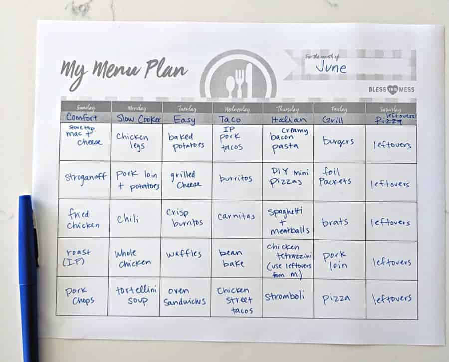 With this easy-to-follow guide, you'll know exactly what to make for dinner every night, even if you don't have a ton of time or home-cooked meals stress you out! #mealplan #familymeals #familymealplanning