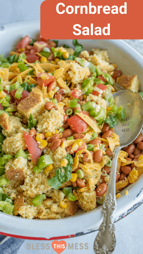 This cornbread salad has all of your favorite summertime flavors, like tomatoes, corn, pinto beans, and the star of the show, cornbread, and it's topped with a rich and creamy homemade ranch dressing! It's a perfect party dish.