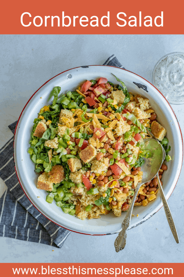 This cornbread salad has all of your favorite summertime flavors, like tomatoes, corn, pinto beans, and the star of the show, cornbread, and it's topped with a rich and creamy homemade ranch dressing! It's a perfect party dish.