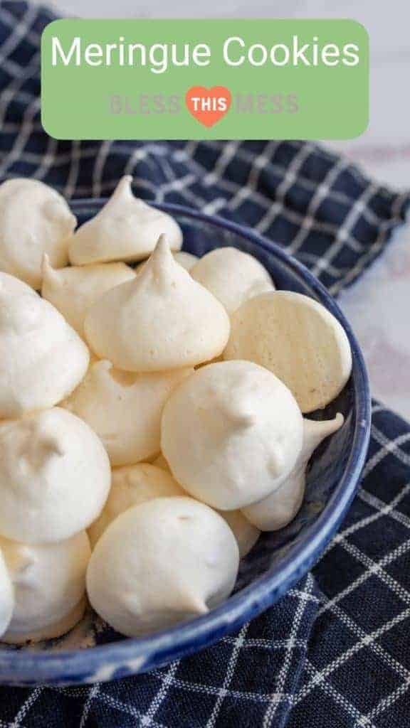 Title and image of a blue bowl of white meringue cookies