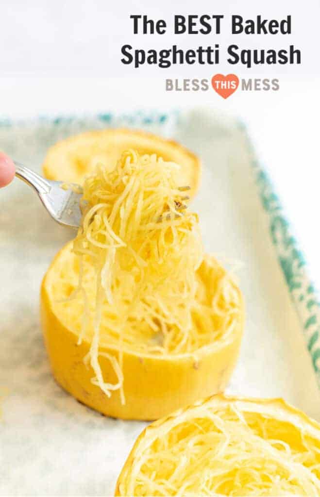 text reads "the best baked spaghetti squash" and a photo of baked spaghetti squash being forked out
