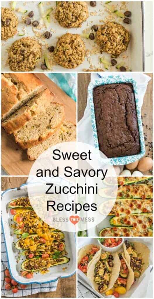 Title Image for Sweet and Savory Zucchini Recipes with images of six zucchini recipes