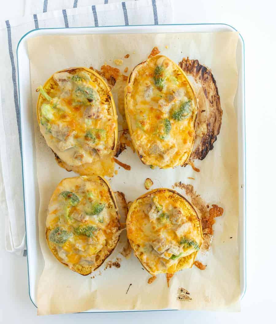 Rich and gooey, this cheesy chicken and broccoli stuffed spaghetti squash is low carb and packed full of flavor and filling nutrients! #spaghettisquash #chicken #cheese #broccoli #healthydinners #easydinners