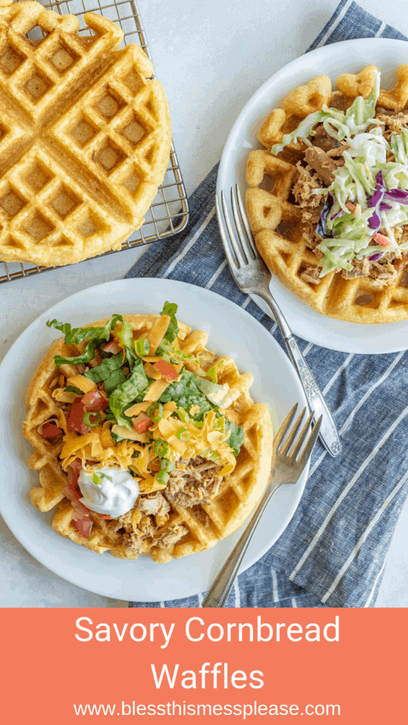 cornbread waffles have a nice crunch on the outside with a soft, slightly crumbly inside, and they are a fun remix of the traditional savory bread that goes great with chili, barbecue, or just a swipe of simple honey butter.