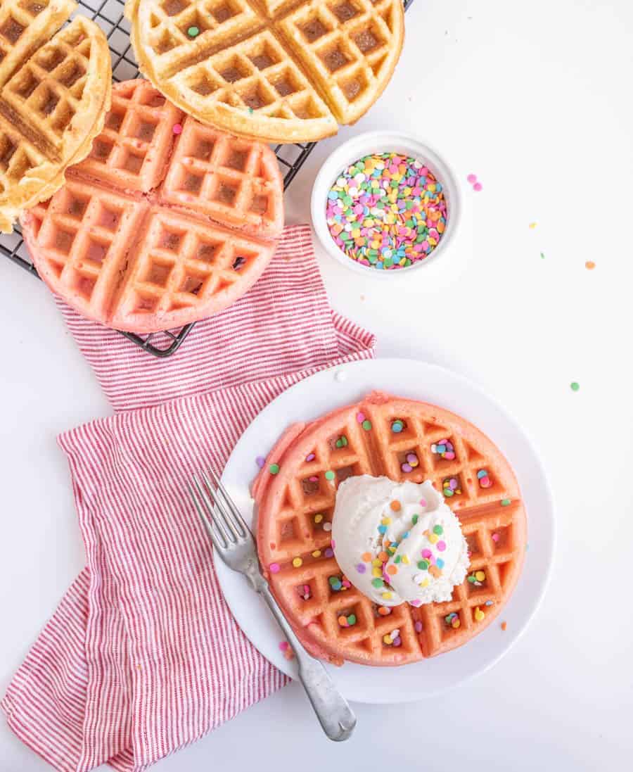 Cake Batter Dessert Waffles with Ice Cream