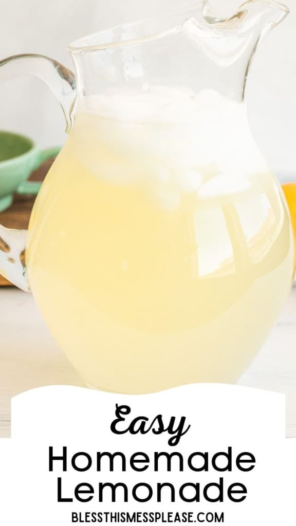 pin text reads "my favorite easy lemonade" with a photo of a clear glass pitcher with ice and lemonade