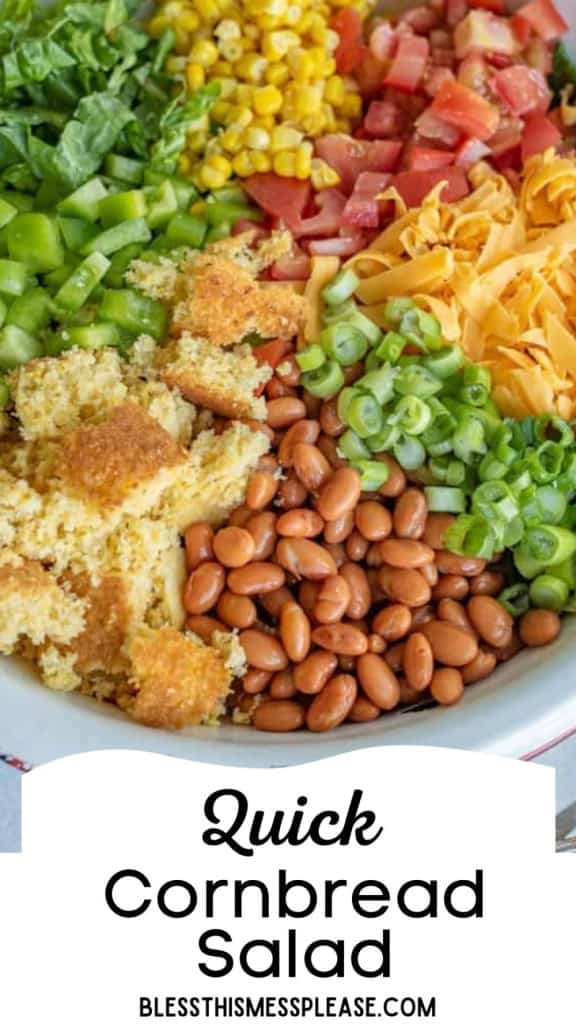 pin for cornbread salad with a close up picture of the salad and text that says "quick cornbread salad recipe"