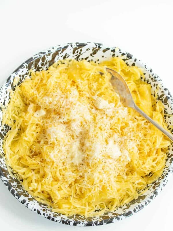 spaghetti squash with butter and parmesan in a bowl