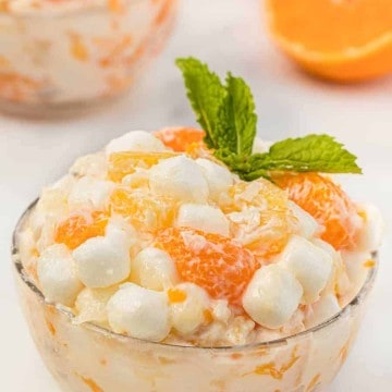 oranges and marshmallows in a "6 cup salad" in a glass dish