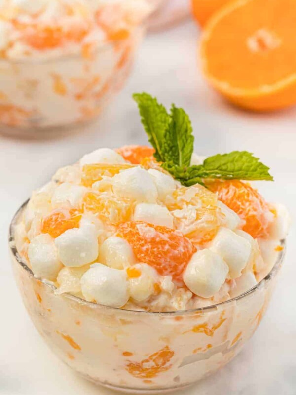 oranges and marshmallows in a "6 cup salad" in a glass dish