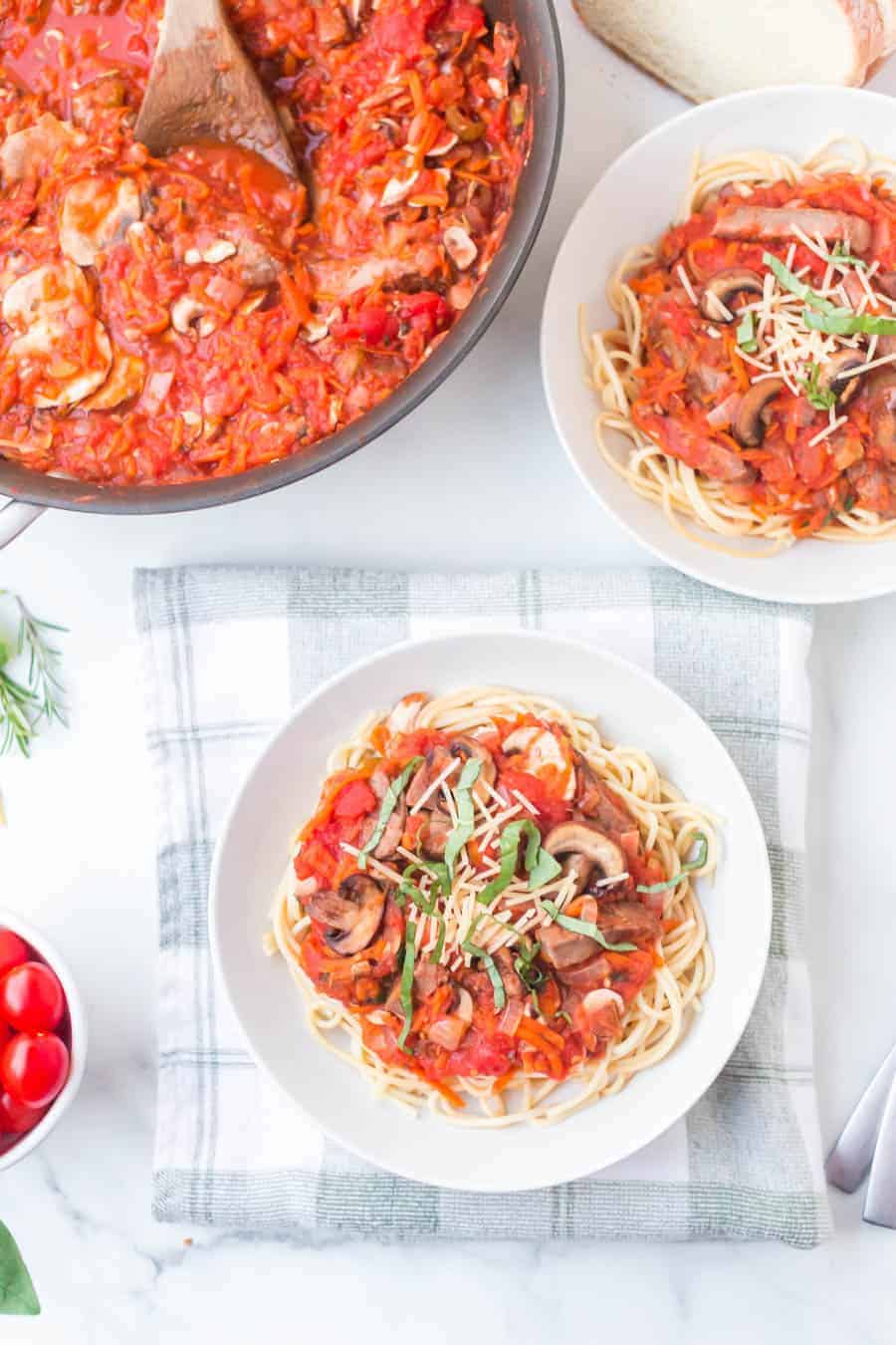 Steak and mushroom marinara is a hearty and rich pasta dish that's packed with bites of yummy steak, mushrooms, celery, carrots, onion, tomatoes, and decadent herbs. #pasta #marinara #steak #mushrooms #marinarapasta