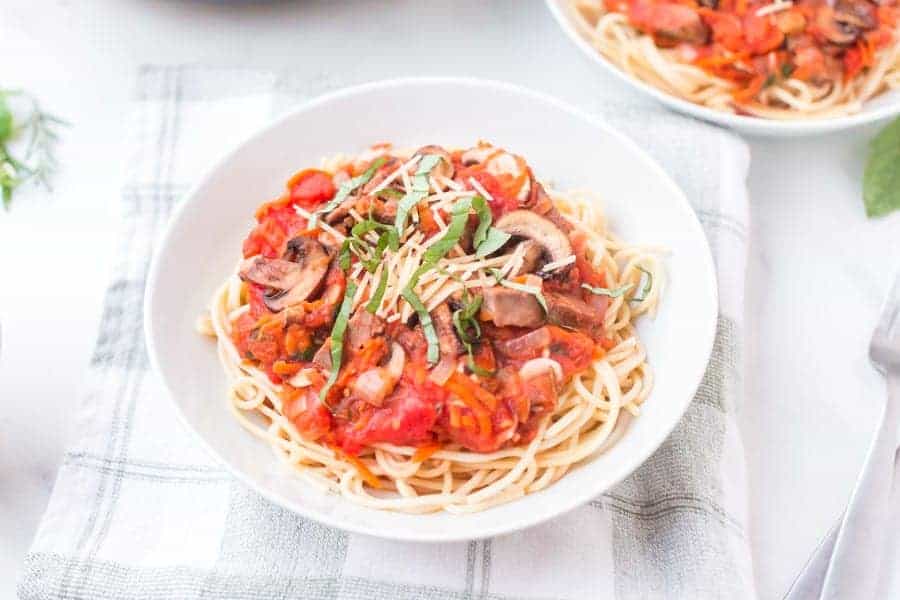 Steak and mushroom marinara is a hearty and rich pasta dish that's packed with bites of yummy steak, mushrooms, celery, carrots, onion, tomatoes, and decadent herbs. #pasta #marinara #steak #mushrooms #marinarapasta