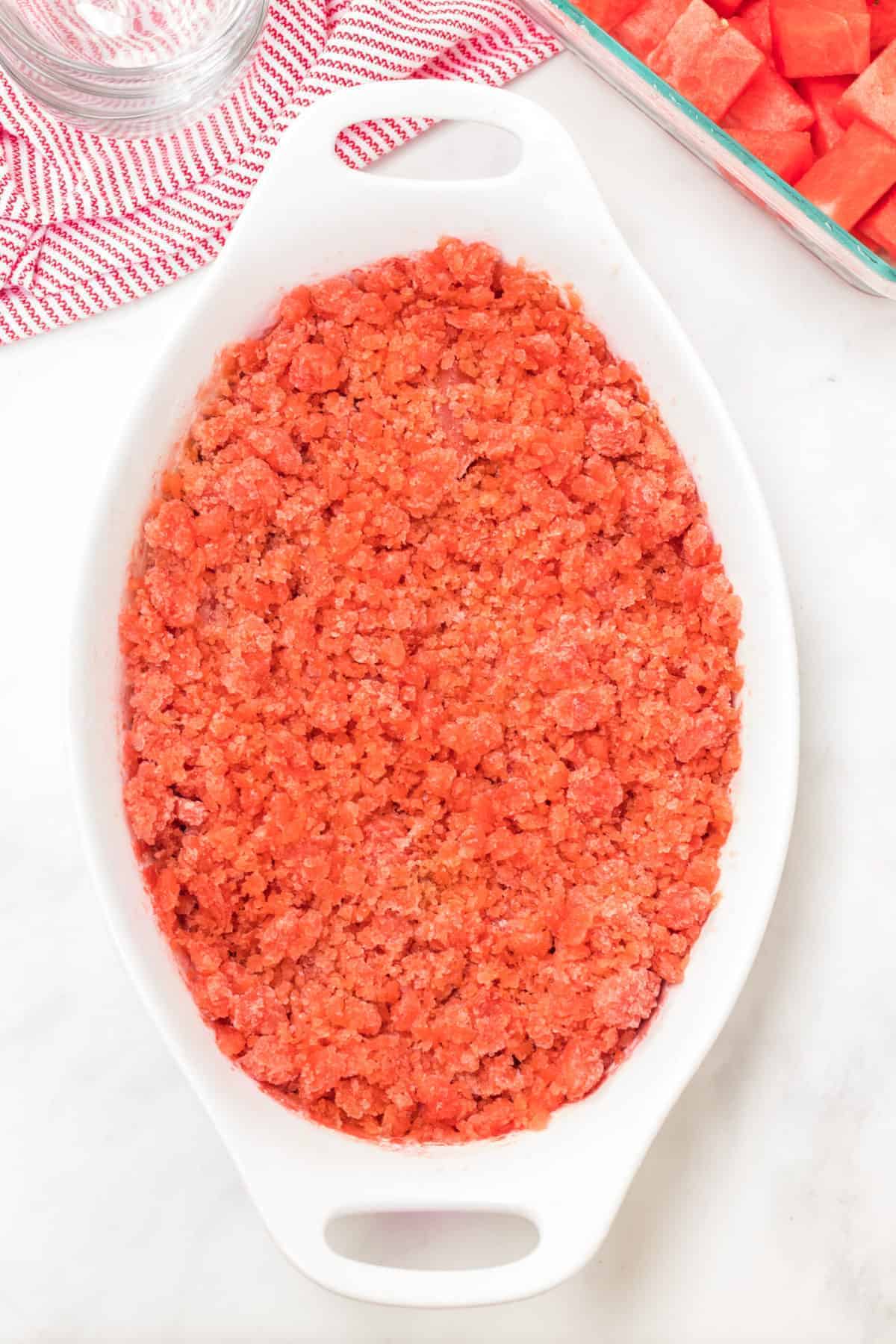 Watermelon Granita is made with only 3 ingredients, and then you just freeze it for a bit! You are going to love this simple dessert recipe all summer long. #summerdesserts #watermelongranita #howtomakegranita #cooldowndesserts #granita #frozenice #watermelon 