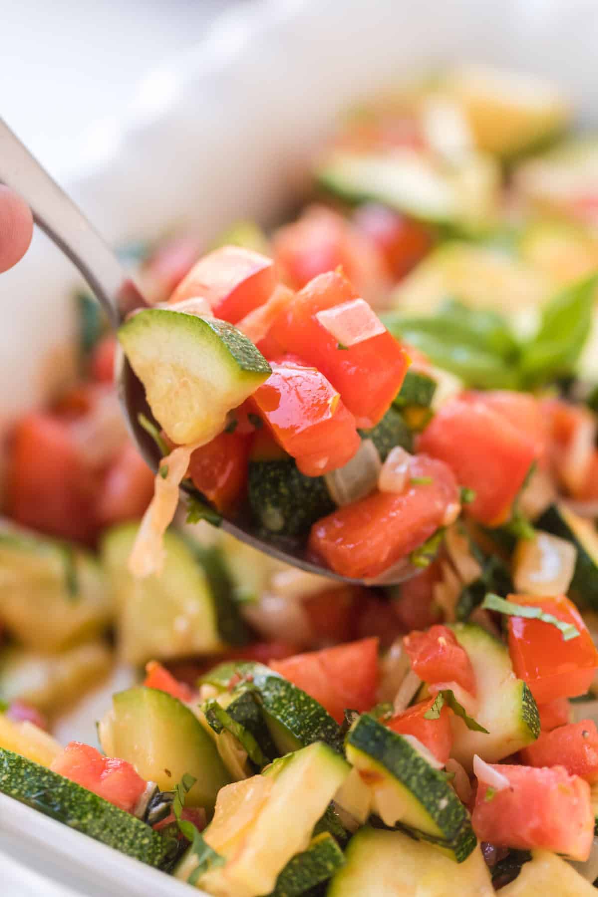 zucchini and tomato side dish on a spoon.