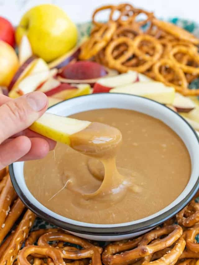 apples and pretzels dipped in homemade caramel dip.