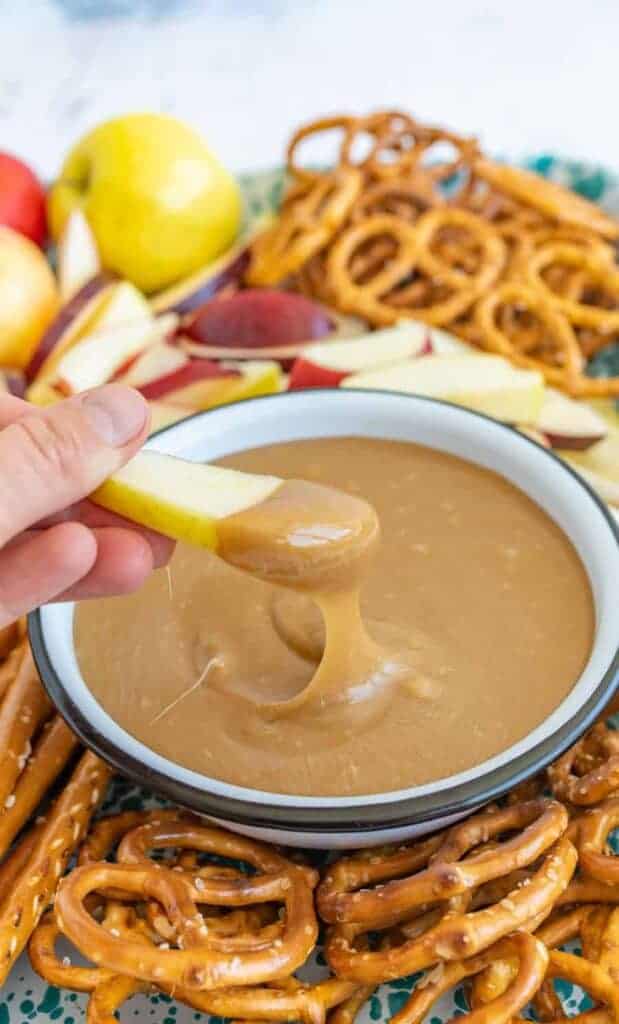 apples and pretzels dipped in homemade caramel dip