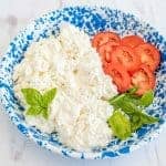 fresh cottage cheese on a blue speckled plate with fresh basil and sliced tomatoes