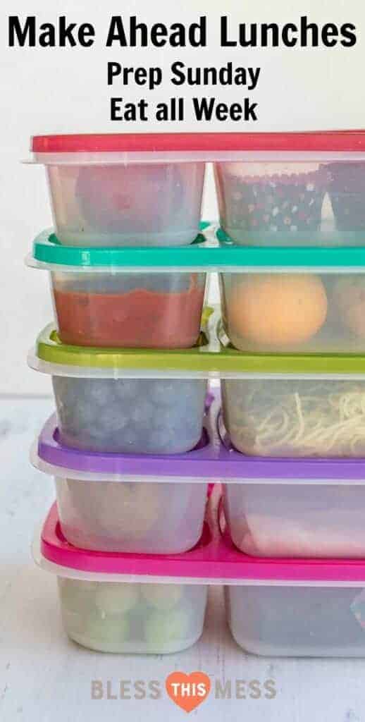 text reads "make ahead lunches - prep sunday eat all week" with an image of tupperware and a stack of lunches to go