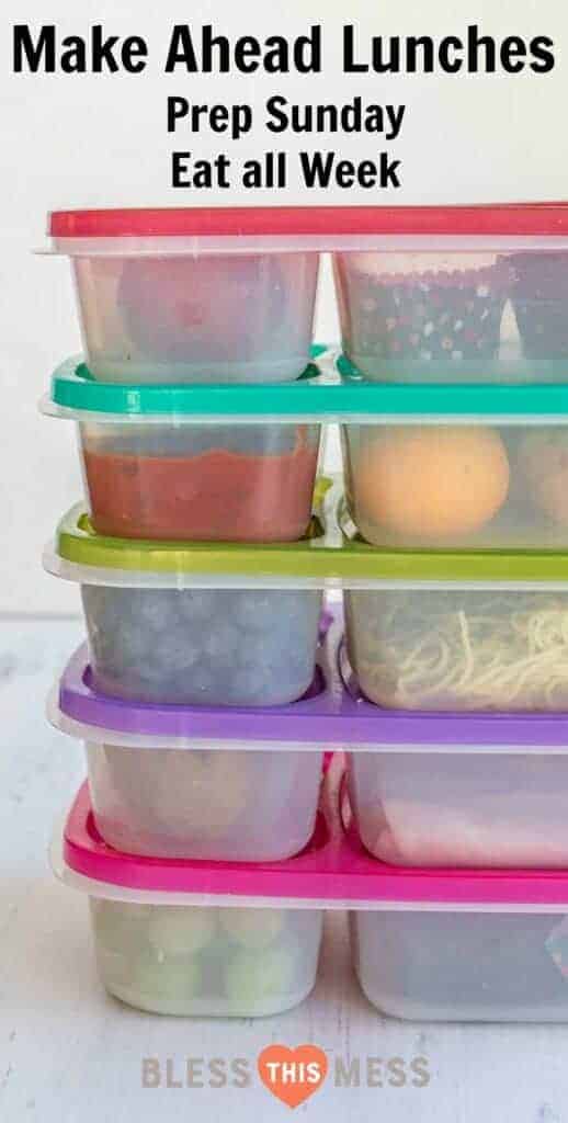 text reads "make ahead lunches - prep sunday eat all week" with an image of tupperware and a stack of lunches to go