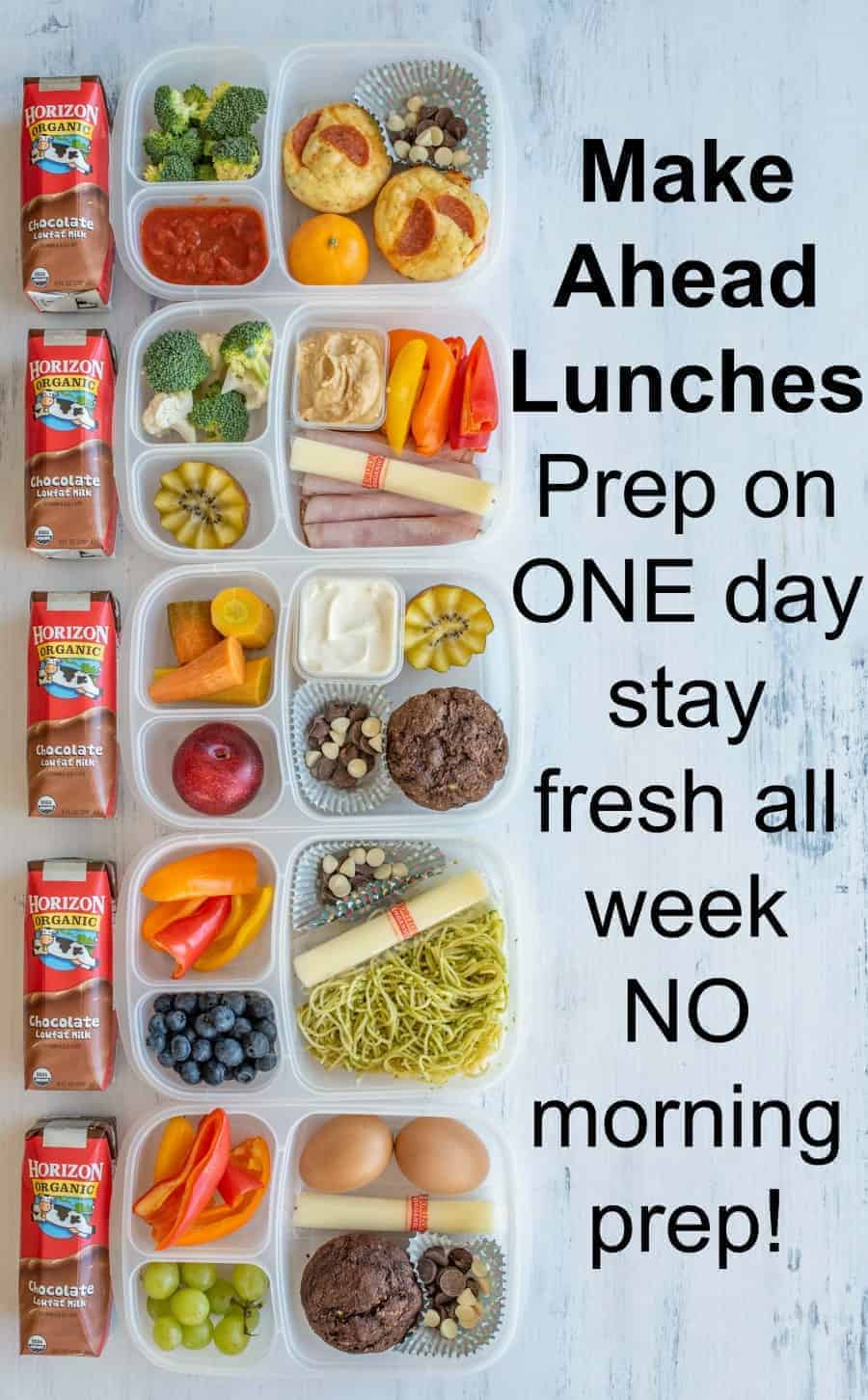 I actually LOVE lunch box packing. And make-ahead lunches are amazing because you put them together on Sunday, and they last until lunch time later in the week! Throw in some Horizon Organic cheese sticks and milk boxes for easy, on-the-go protein. #ad #HorizonOrganic #lunchboxes #packedlunch #makeaheadlunch #lunch #lunchideas