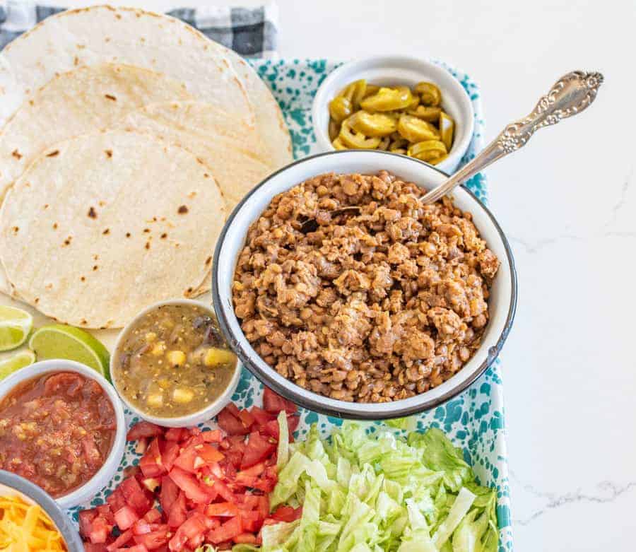 Filling, nutritious, and flavorful, Instant Pot ground turkey and lentil taco filling is a great high-protein alternative to traditional taco meat! #instantpotrecipes #tacos #lentils #groundturkey #healthytacos #lighttacos #turkeytacos #instantpot