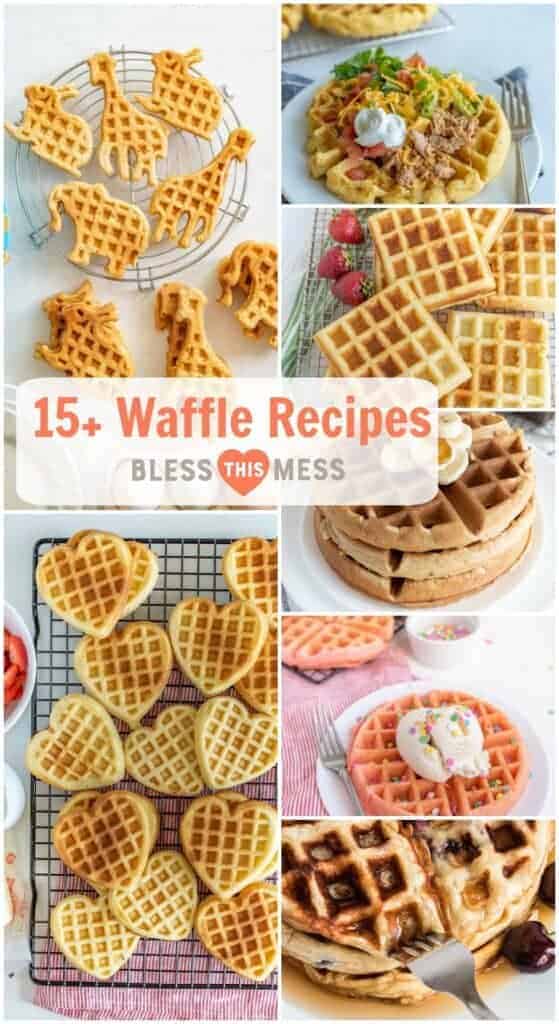Title Image for 15+ Waffle Recipes with images of seven different waffle ideas