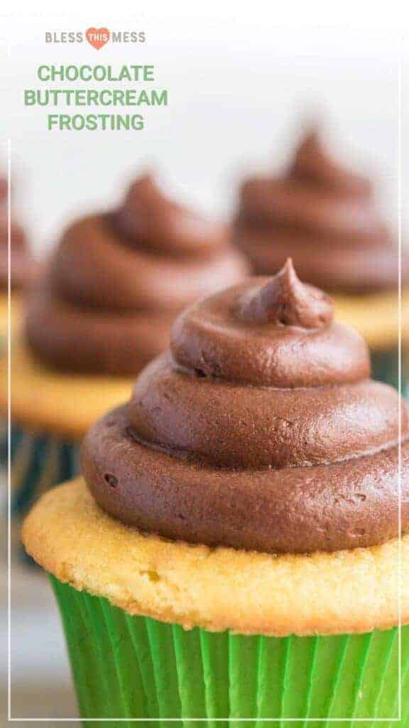 Title Image for Chocolate Buttercream Frosting and a close-up image of a vanilla cupcake in a green wrapper with a swirl of chocolate frosting