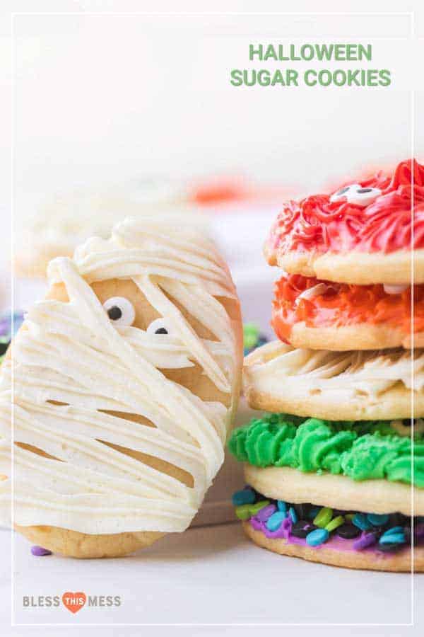 Title Image for Halloween Sugar Cookies with a stack of colorful-frosted cookies and a cookie with mummy decorations