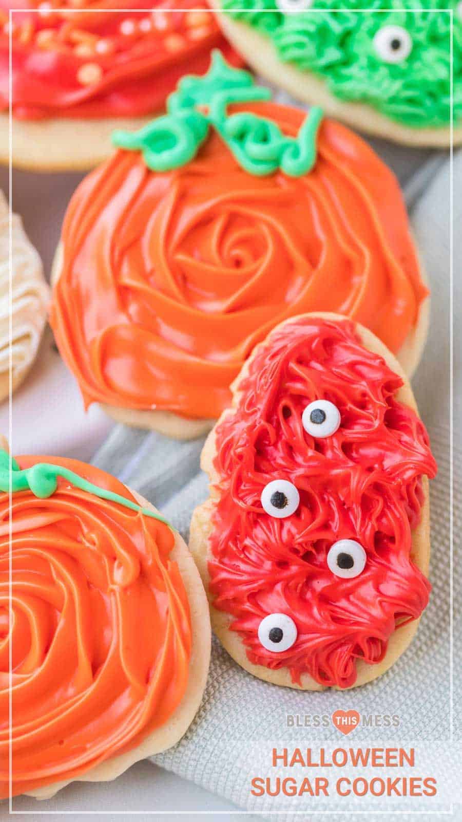 Halloween sugar cookies are adorable, soft, and sweet cookies that are sure to create wonderful memories baking with your family and festive treats for this spooky holiday! As a lover of sweets, I'm of the firm belief that sugar cookies aren't just for Christmas, and candy isn't just for Halloween! Celebrate this fun (and sometimes spooky) holiday by baking a big batch of these festive sugar cookies with your loved ones this Halloween season! #sugarcookies #cookies #halloweensugarcookies