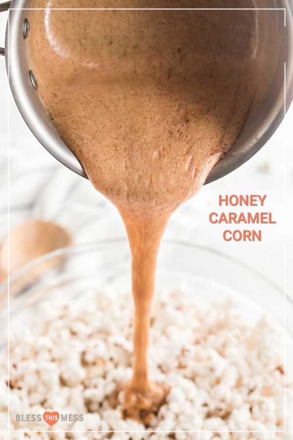 Honey Caramel Corn pouring into pan