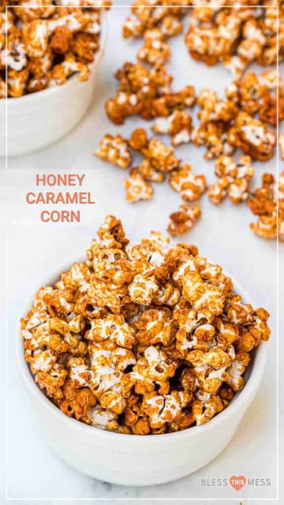 honey carmel popcorn in a white bowl