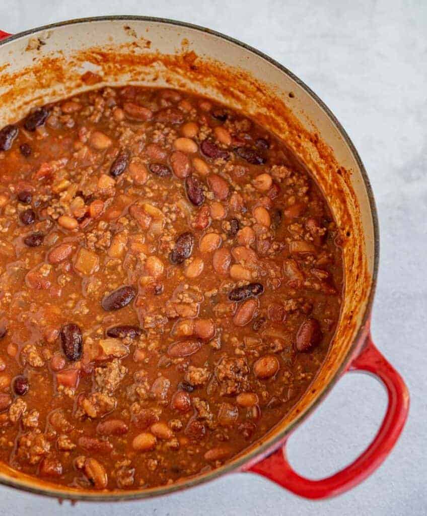 chili in a big red dutch oven