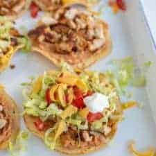 close up of chicken tostada on white plate