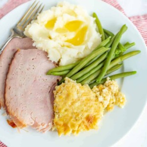mashed potatoes ham green beans and corn pudding