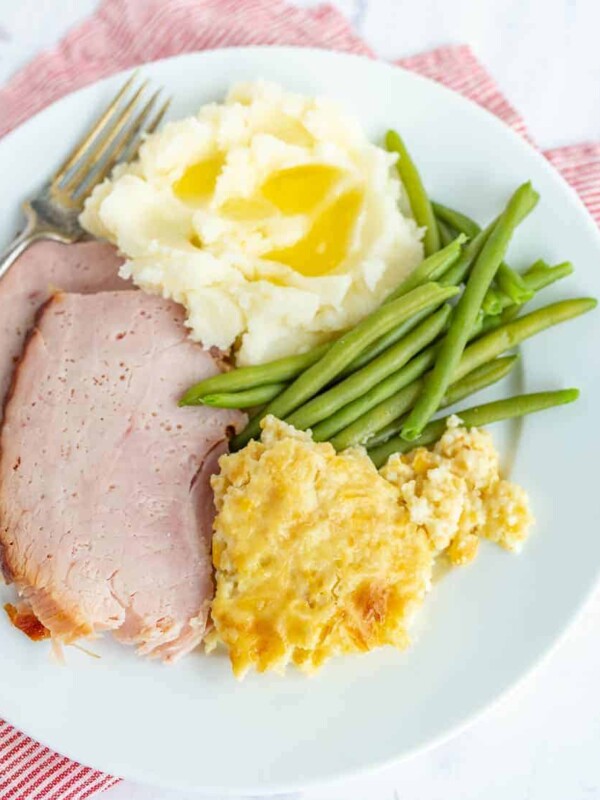 mashed potatoes ham green beans and corn pudding
