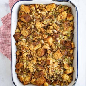 top view of close up of cornbread dressing in white dish