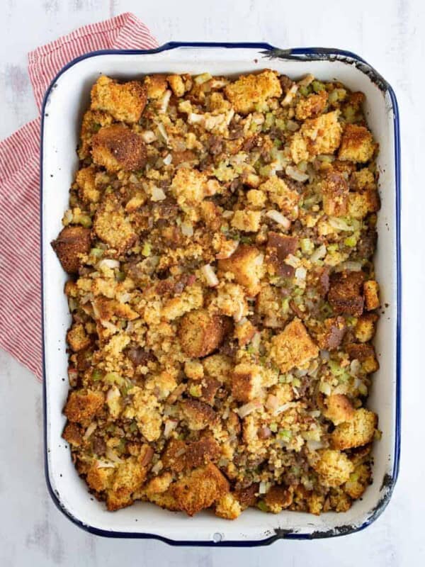 top view of close up of cornbread dressing in white dish