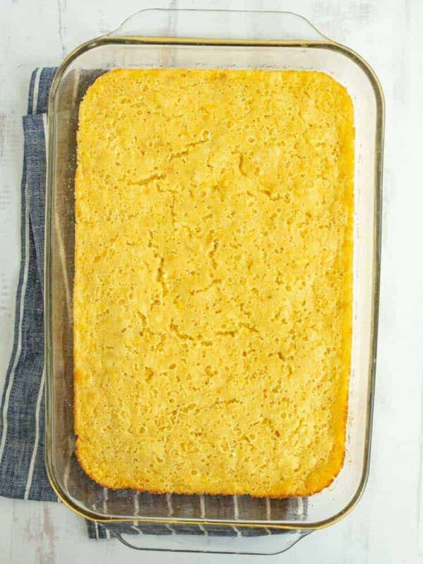 corn casserole in rectangular glass dish