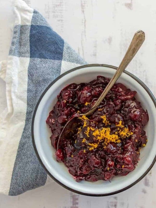 top view of cranberry sauce in a white bowl