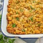 close up of stuffing in a white rectangular dish