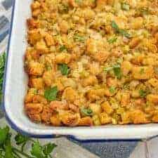 close up of stuffing in a white rectangular dish