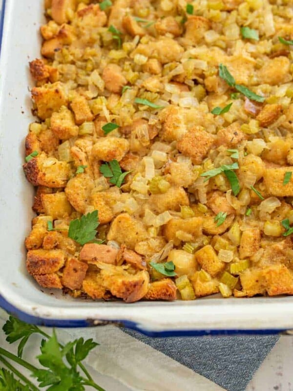 close up of stuffing in a white rectangular dish