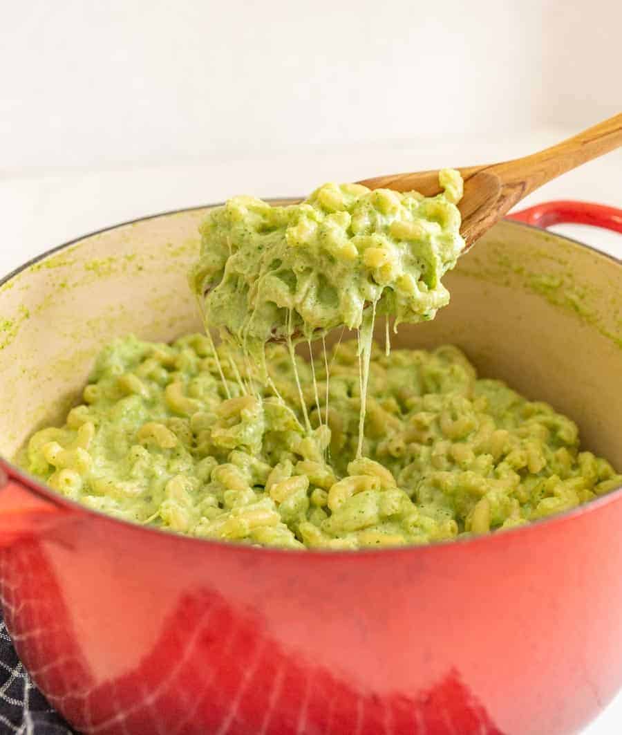 This delicious broccoli macaroni and cheese recipe is such a fun and creative take on the comfort food staple, and a simple, tasty way to get more green on your plate! It doesn't look like your typical mac and cheese with the green color from broccoli, so I like to break this out around Halloween and call it "toxic waste mac and cheese" for something spooky and fun! #broccolimacandcheese #broccoli #macandcheese #macaroniandcheese #halloweenrecipes 